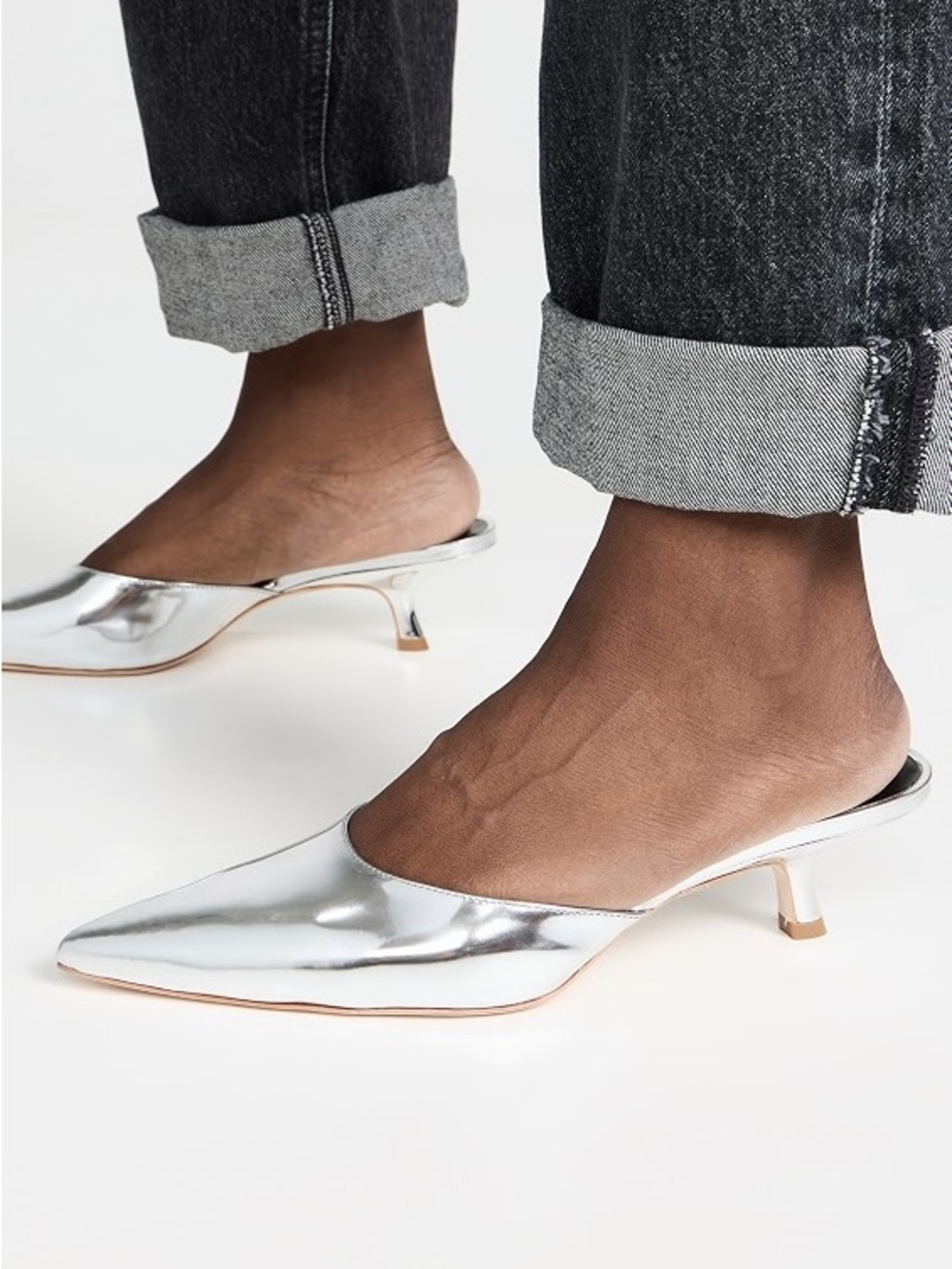 Reformation Wilda Kitten Mule in Silver with added strap size 9